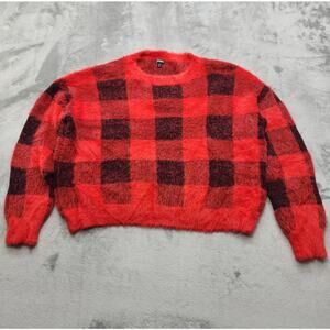 Express Sweater Womens XL Red Black Buffalo Plaid Fuzzy Super Soft Crop Pullover
